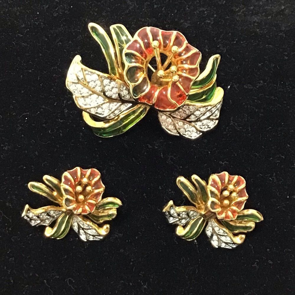 Joan Rivers Vintage Plique A Jour Orchid Brooch And Matching Pierced Earring Set